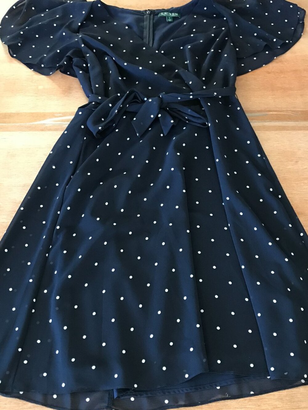 Lauren Ralph Lauren Faux Wrap Dress Women 8 Blue Polka Dot Flutter Sleeve Belted